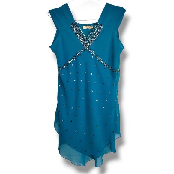 Mimi Singh Womens Dress Sz Small Turquoise Silk Chiffon Beaded‎ Asymmetrical Hem - Picture 1 of 11